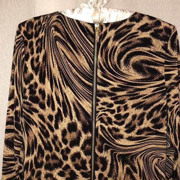 MK S Leopard Print Black Ivory Tan Long Sleeve Back Zip Jersey Shift Dress - Picture 8 of 14